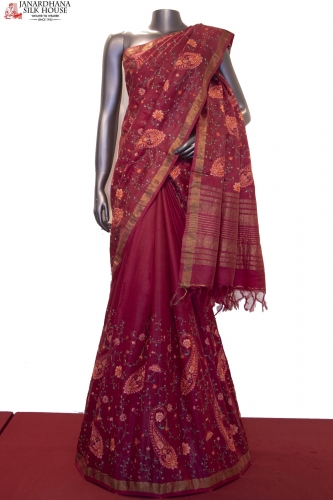 Designer & Exclusive Colorful Thread Embroidery Tussar Silk Saree